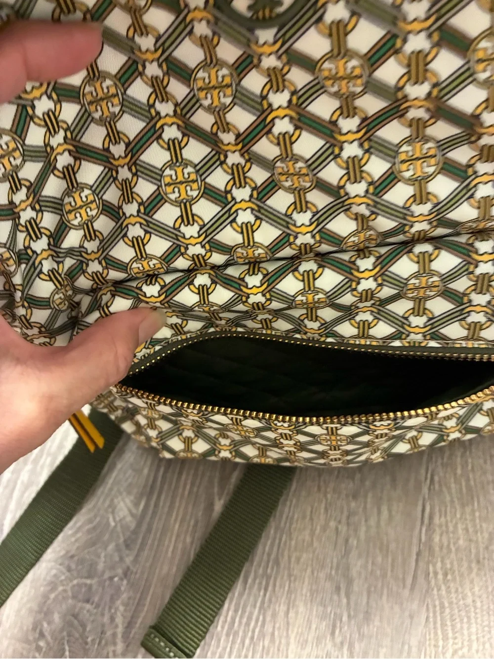 Tory Burch Printed Small Zip Backpack Yellow Green Gemini Medallion